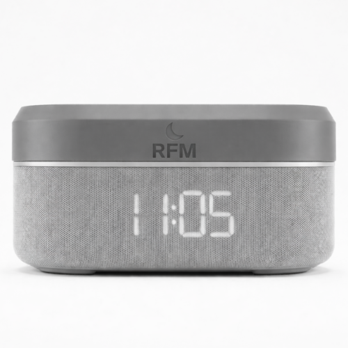 RestNest nachtkastje met wekkerdisplay, speaker en draadloze oplader in grijs design