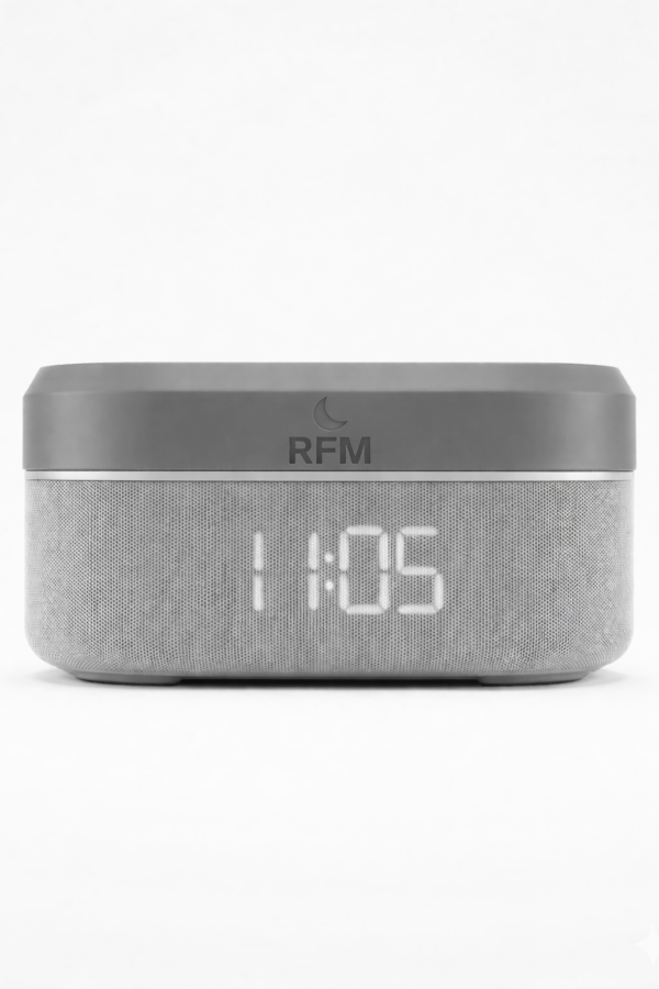 RestNest vooraanzicht RestNest nachtkastje met wekkerdisplay, speaker en draadloze oplader in grijs design